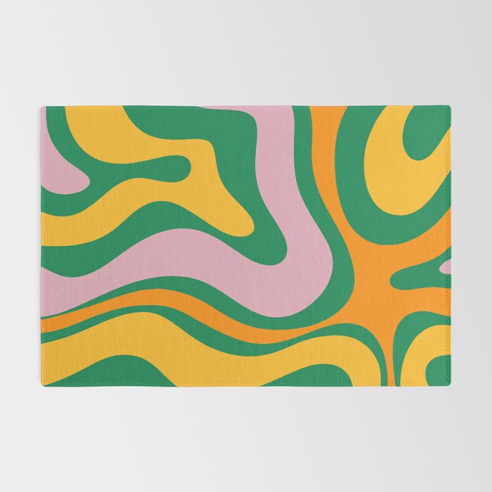 Vibrant Modern Retro Liquid Swirl Abstract Pattern Green Yellow Orange Pink Rug Gallery Image 2