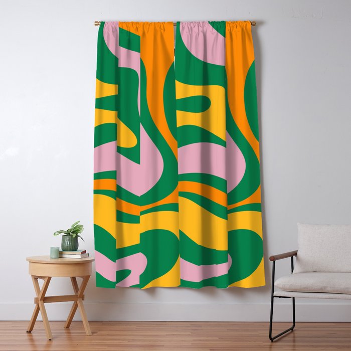Vibrant Modern Retro Liquid Swirl Abstract Pattern Green Yellow Orange Pink Window Curtain Gallery Image 5