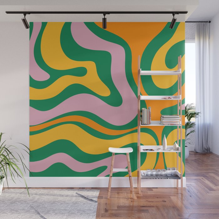 Vibrant Modern Retro Liquid Swirl Abstract Pattern Green Yellow Orange Pink Wall Mural Gallery Image 1