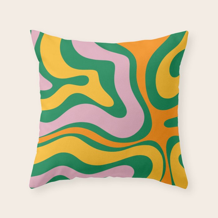 Vibrant Modern Retro Liquid Swirl Abstract Pattern Green Yellow Orange Pink Throw Pillow Gallery Image 1