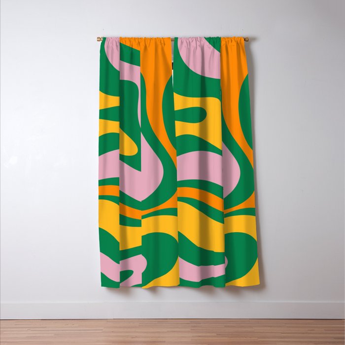 Vibrant Modern Retro Liquid Swirl Abstract Pattern Green Yellow Orange Pink Window Curtain Gallery Image 3