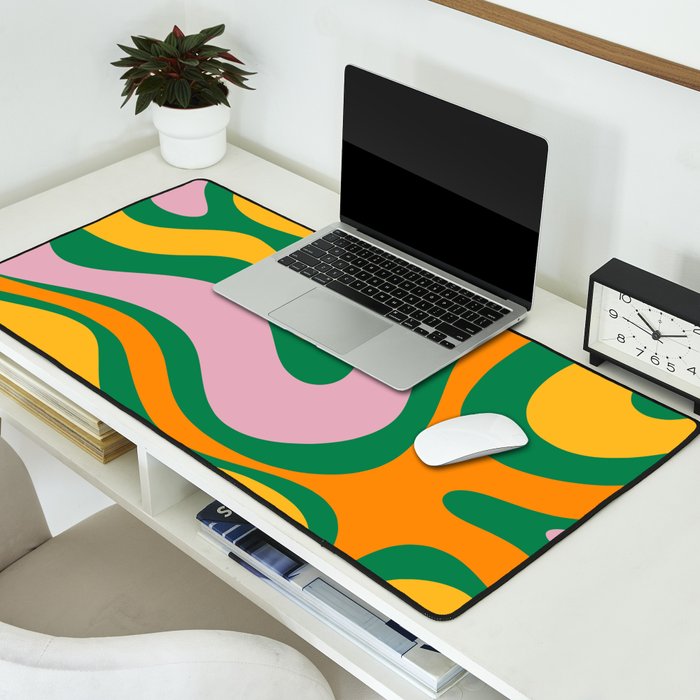 Vibrant Modern Retro Liquid Swirl Abstract Pattern Green Yellow Orange Pink Desk Mat Gallery Image 2
