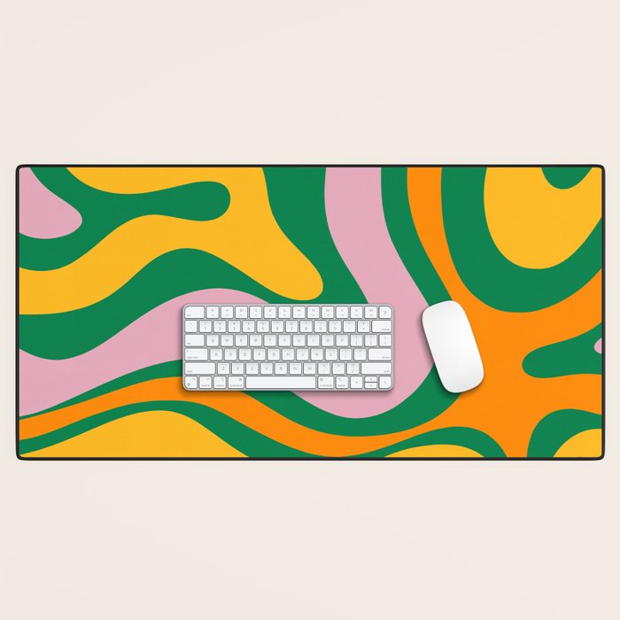 Vibrant Modern Retro Liquid Swirl Abstract Pattern Green Yellow Orange Pink Desk Mat Gallery Image 1
