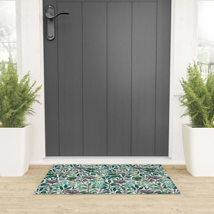 Purple Flowers and Eucalyptus Leaves Pattern Welcome Mat Gallery Image 3