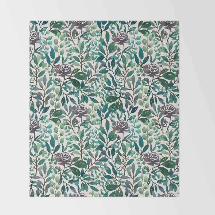 Purple Flowers and Eucalyptus Leaves Pattern Throw Blanket Gallery Image 2
