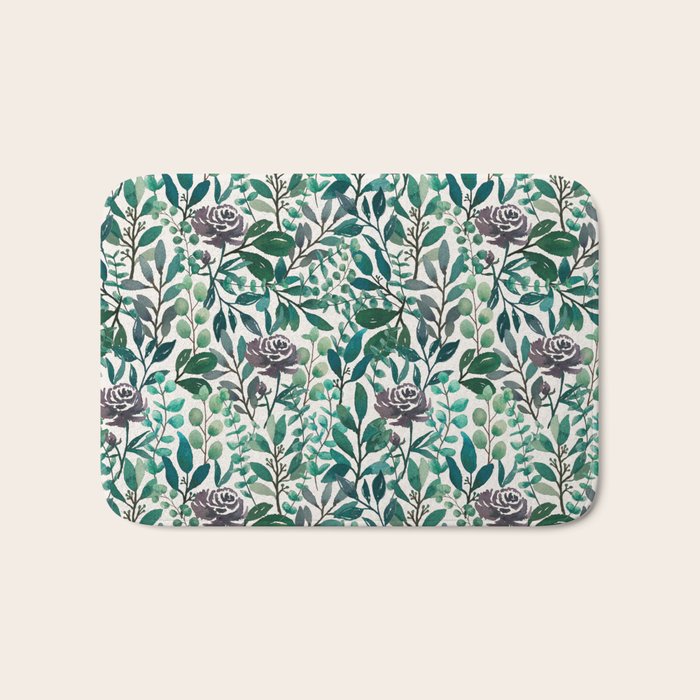Purple Flowers and Eucalyptus Leaves Pattern Bath Mat Gallery Image 1