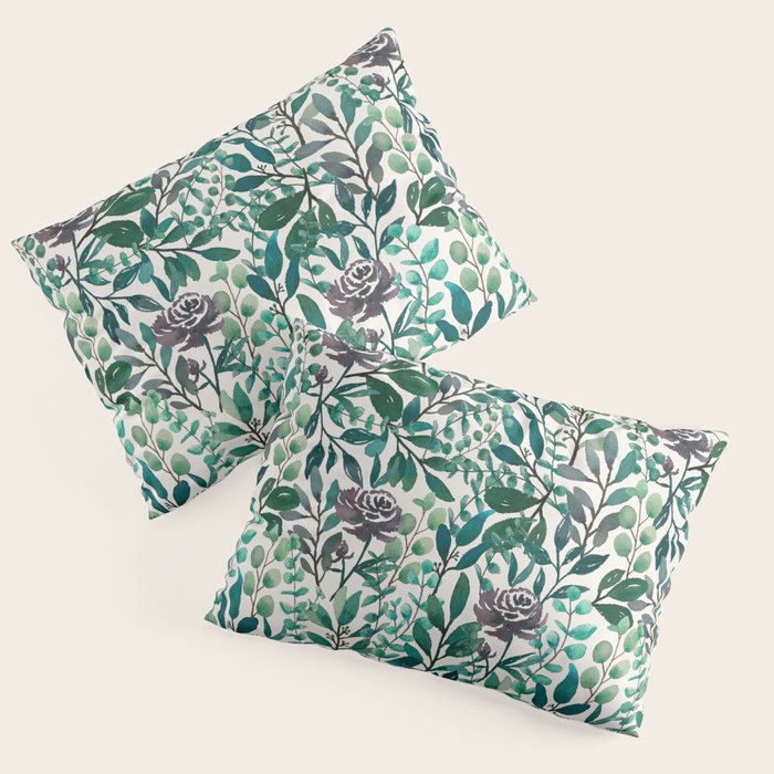 Purple Flowers and Eucalyptus Leaves Pattern Pillow Sham Gallery Image 3