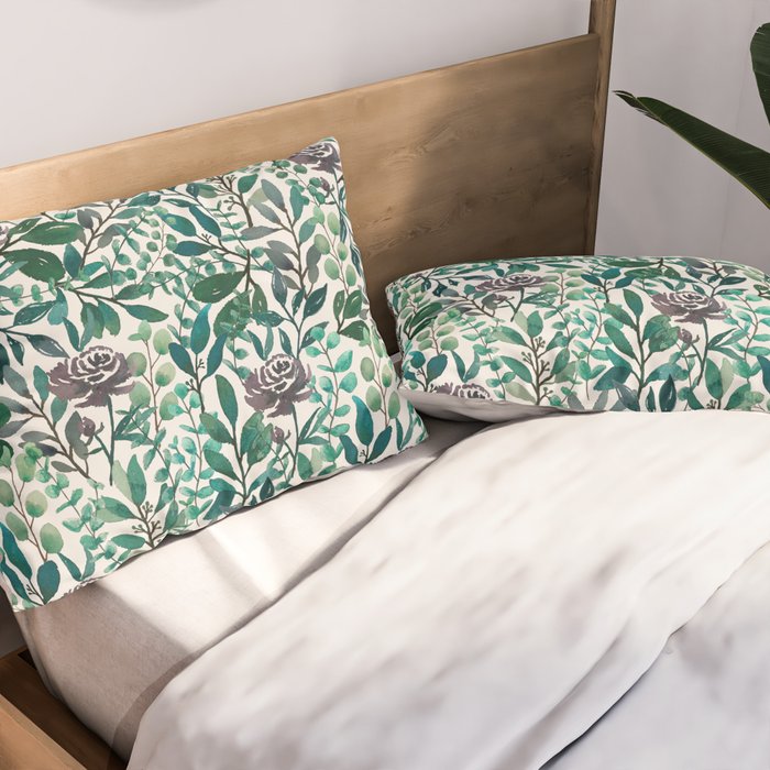 Purple Flowers and Eucalyptus Leaves Pattern Pillow Sham Gallery Image 2