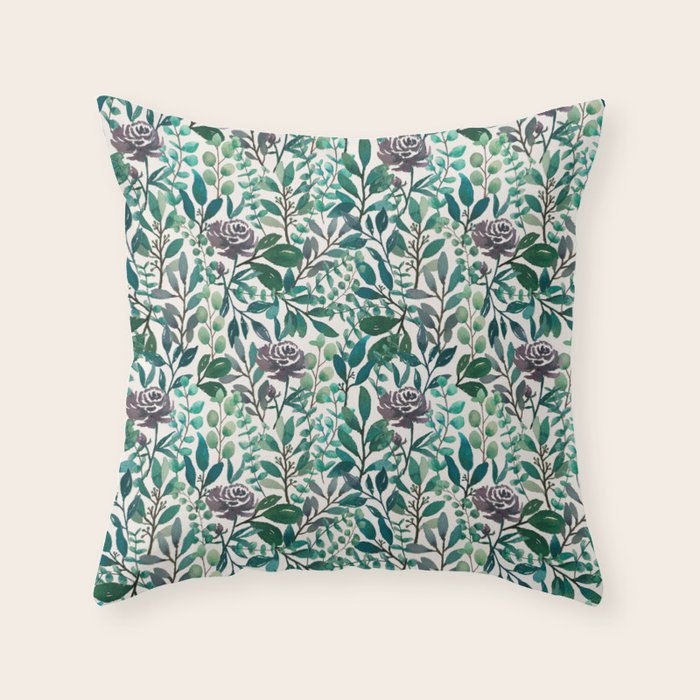 Purple Flowers and Eucalyptus Leaves Pattern Throw Pillow Gallery Image 6