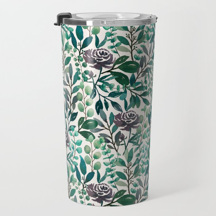 Purple Flowers and Eucalyptus Leaves Pattern Travel Mug Gallery Image 3