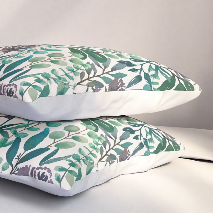 Purple Flowers and Eucalyptus Leaves Pattern Pillow Sham Gallery Image 3