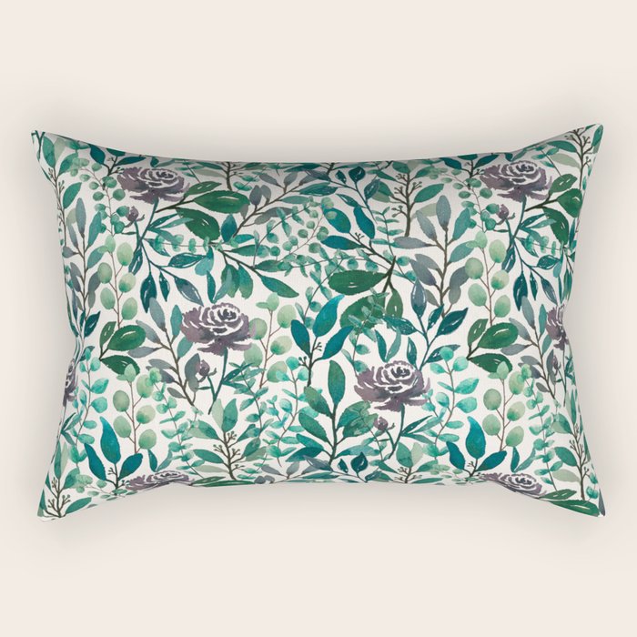Purple Flowers and Eucalyptus Leaves Pattern Rectangular Pillow Gallery Image 1