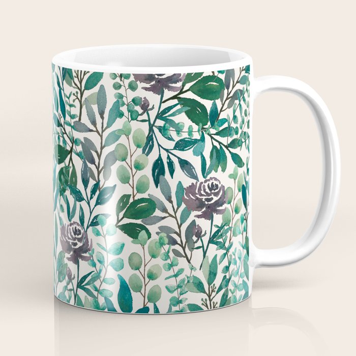 Purple Flowers and Eucalyptus Leaves Pattern Coffee Mug Gallery Image 1