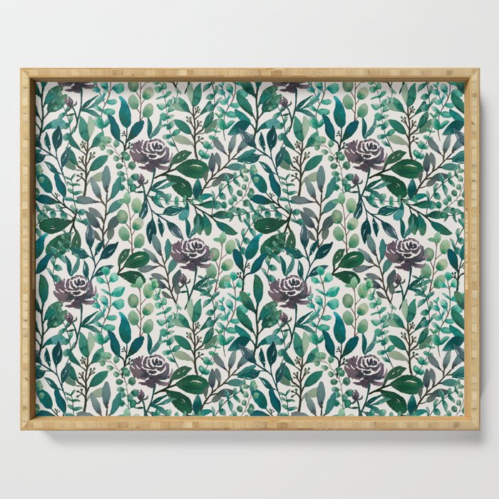 Purple Flowers and Eucalyptus Leaves Pattern Serving Tray Gallery Image 1