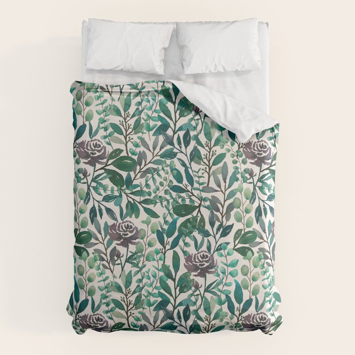 Purple Flowers and Eucalyptus Leaves Pattern Duvet Cover Gallery Image 1