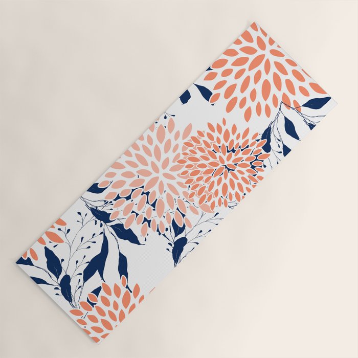 Floral Prints and Leaves, White, Coral and Navy Yoga Mat Gallery Image 1