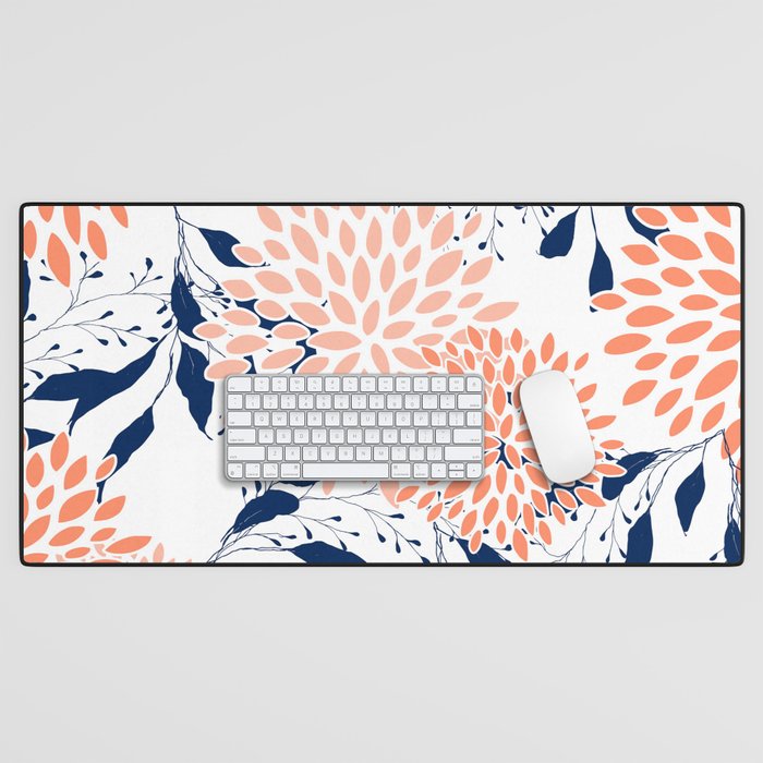 Floral Prints and Leaves, White, Coral and Navy Desk Mat Gallery Image 1