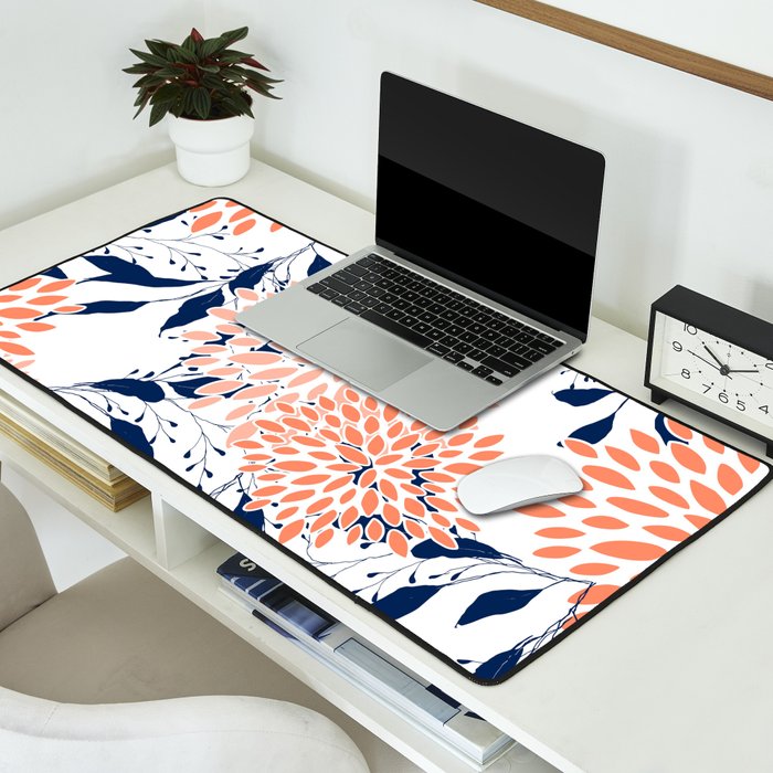 Floral Prints and Leaves, White, Coral and Navy Desk Mat Gallery Image 2