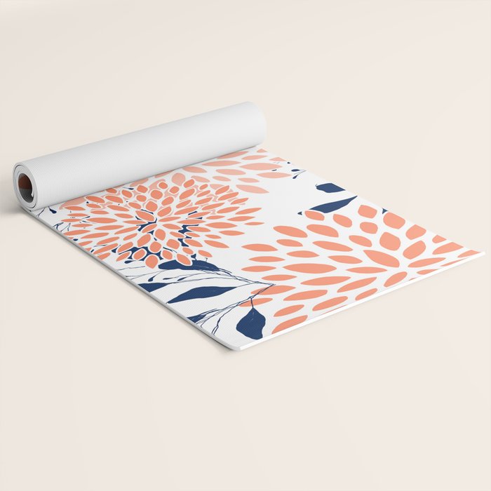 Floral Prints and Leaves, White, Coral and Navy Yoga Mat Gallery Image 2