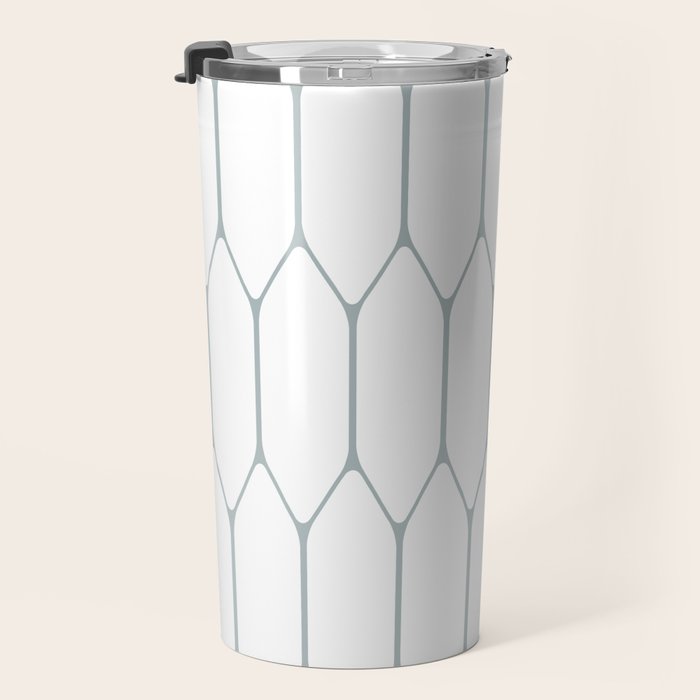 Long Honeycomb Minimalist Geometric Pattern in White and Light Blue-Gray Travel Mug Gallery Image 3
