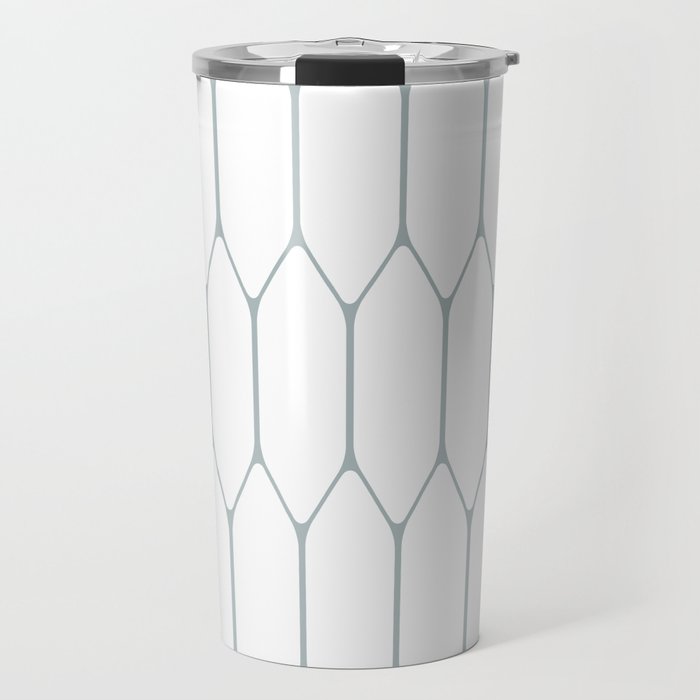 Long Honeycomb Minimalist Geometric Pattern in White and Light Blue-Gray Travel Mug Gallery Image 1
