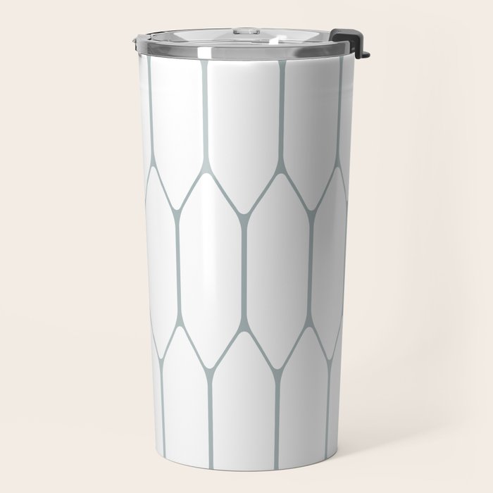Long Honeycomb Minimalist Geometric Pattern in White and Light Blue-Gray Travel Mug Gallery Image 2