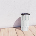 Long Honeycomb Minimalist Geometric Pattern in White and Light Blue-Gray Travel Mug Gallery Image 4