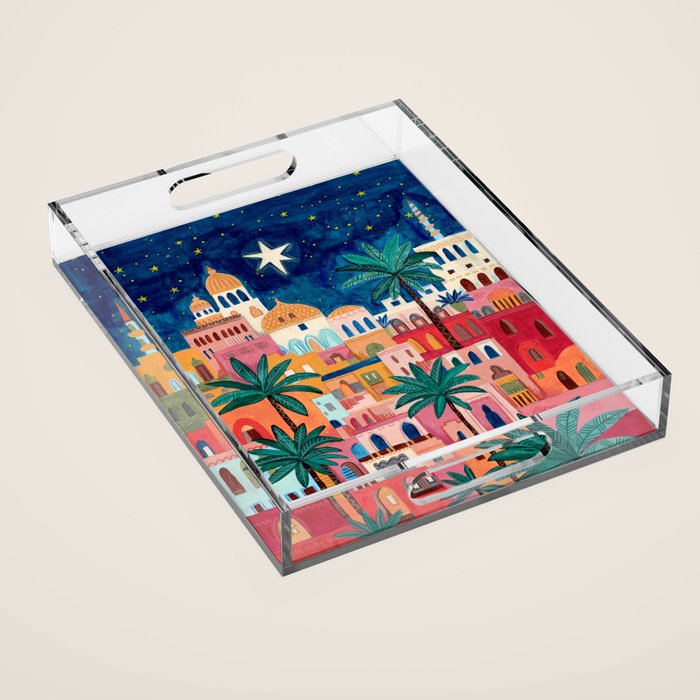 Oriental city under a starry sky in bright colours Acrylic Tray Gallery Image 1