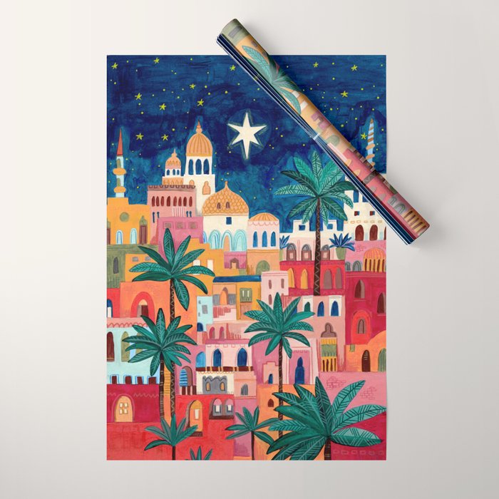 Oriental city under a starry sky in bright colours Wrapping Paper Gallery Image 1