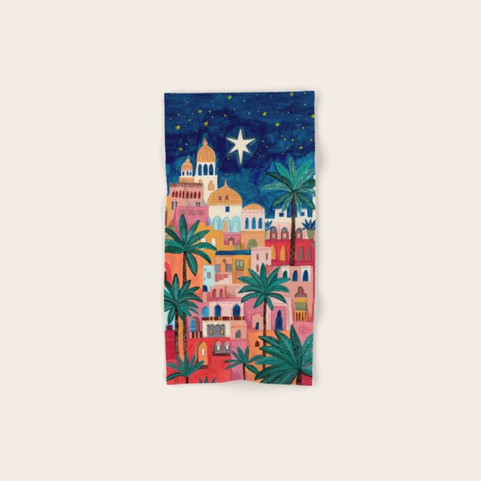 Oriental city under a starry sky in bright colours Bath Towel Gallery Image 1