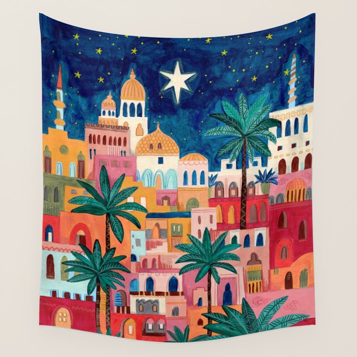 Oriental city under a starry sky in bright colours Wall Tapestry Gallery Image 4