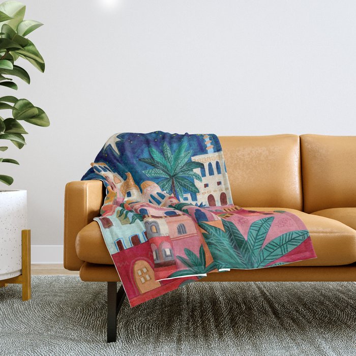 Oriental city under a starry sky in bright colours Throw Blanket Gallery Image 1
