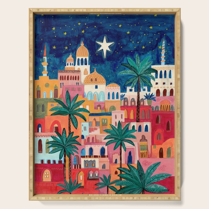 Oriental city under a starry sky in bright colours Serving Tray Gallery Image 1