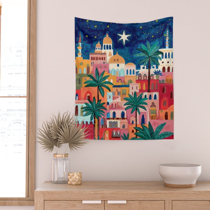 Oriental city under a starry sky in bright colours Wall Tapestry Gallery Image 2