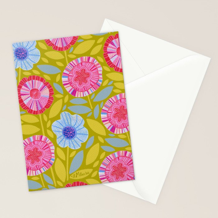 Folk Floral Blossoms in Moss Green Stationery Card Gallery Image 2