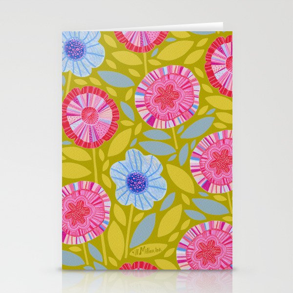 Folk Floral Blossoms in Moss Green Stationery Card Gallery Image 2