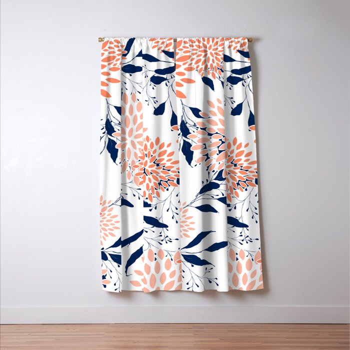 Floral Prints and Leaves, White, Coral and Navy Window Curtain Gallery Image 3