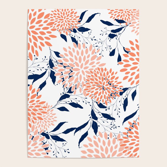 Floral Prints and Leaves, White, Coral and Navy Poster Gallery Image 4