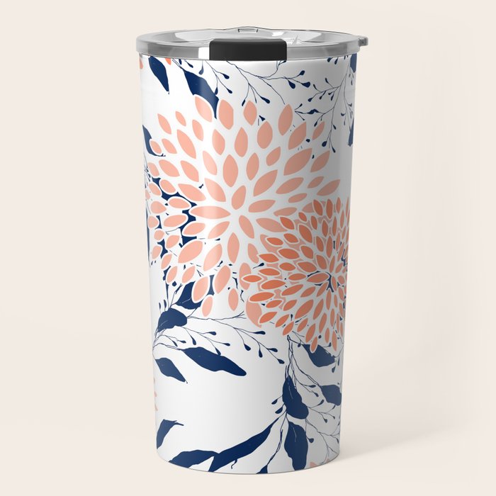 Floral Prints and Leaves, White, Coral and Navy Travel Mug Gallery Image 1