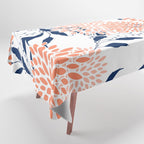 Floral Prints and Leaves, White, Coral and Navy Tablecloth Gallery Image 1