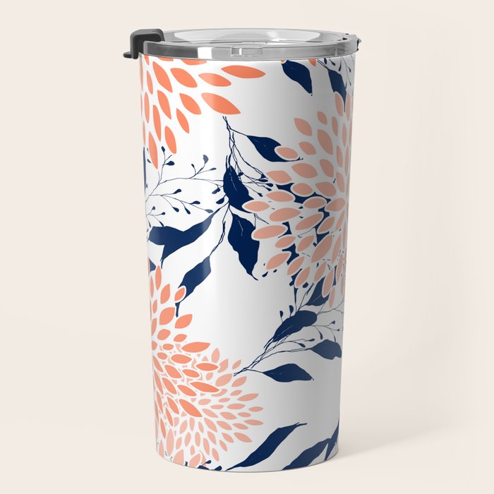 Floral Prints and Leaves, White, Coral and Navy Travel Mug Gallery Image 3