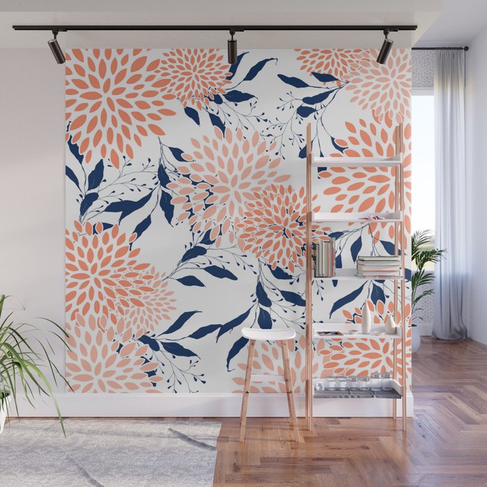 Floral Prints and Leaves, White, Coral and Navy Wall Mural Gallery Image 1