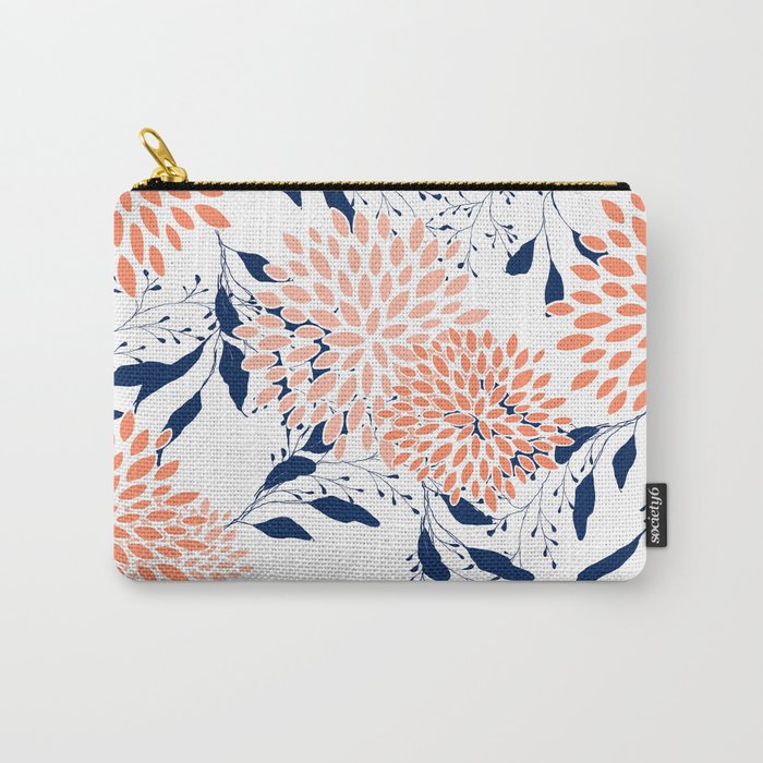Floral Prints and Leaves, White, Coral and Navy Carry All Pouch Gallery Image 1