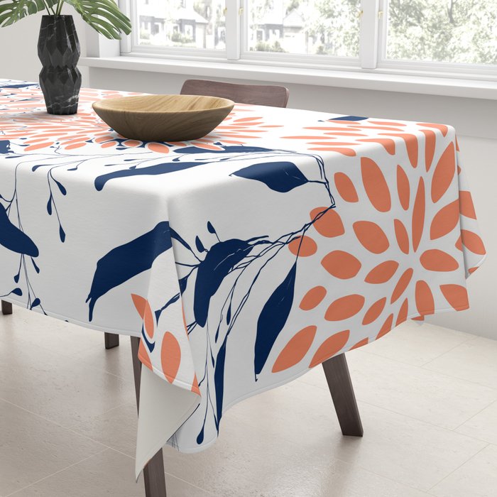 Floral Prints and Leaves, White, Coral and Navy Tablecloth Gallery Image 3