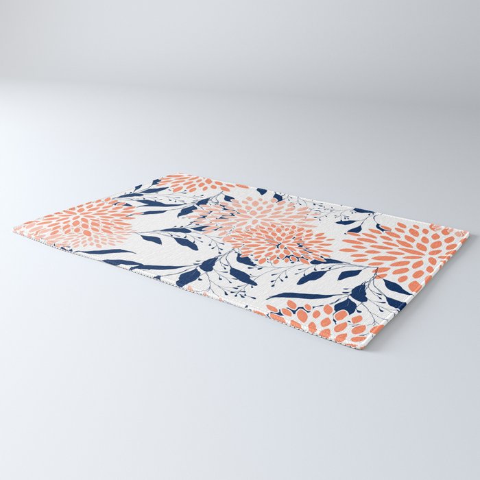Floral Prints and Leaves, White, Coral and Navy Rug Gallery Image 3