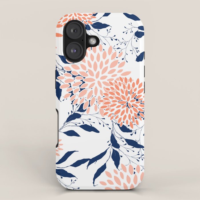 Floral Prints and Leaves, White, Coral and Navy iPhone Case Gallery Image 1
