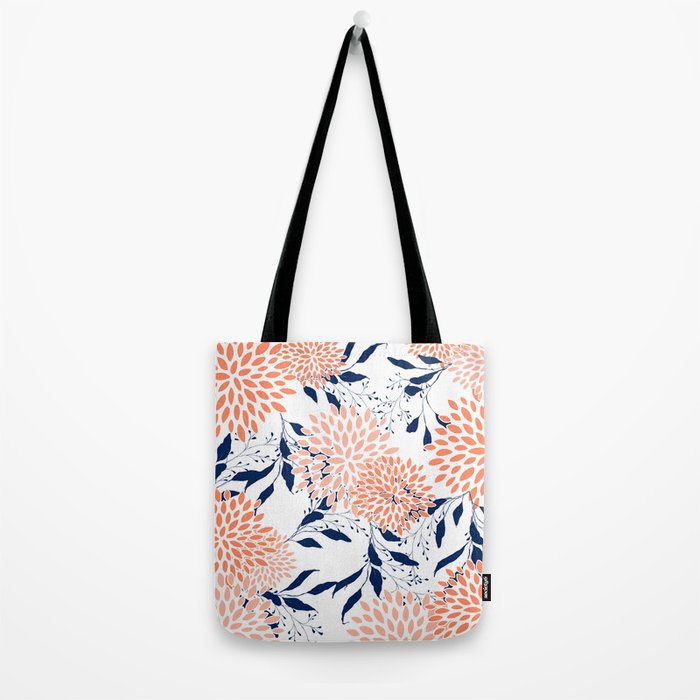 Floral Prints and Leaves, White, Coral and Navy Tote Bag Gallery Image 2