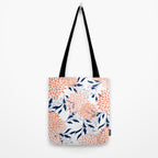 Floral Prints and Leaves, White, Coral and Navy Tote Bag Gallery Image 2