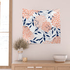 Floral Prints and Leaves, White, Coral and Navy Wall Tapestry Gallery Image 2