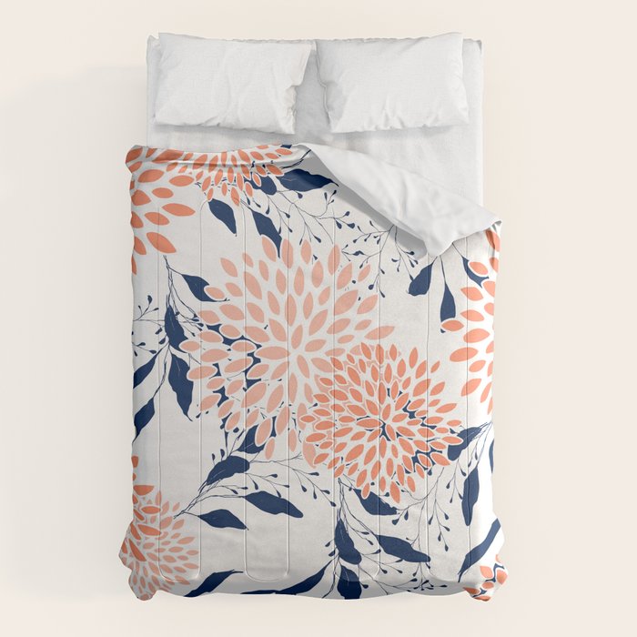 Floral Prints and Leaves, White, Coral and Navy Comforter Gallery Image 6